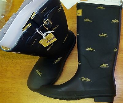 Womens Joules Navy w/Tiny Horse Pattern Tall Rubber Boots, sz 8 M 