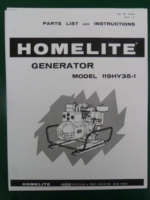 VINTAGE HOMELITE GENERATOR MODEL 119HY35 1 MANUAL NO. 24088