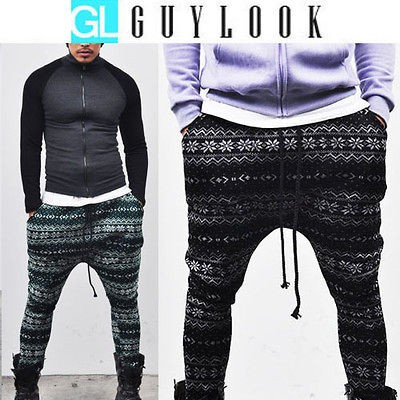   Low Crotch Mens Fair Isle Jacquard Winter Baggy Sweatpants Guylook