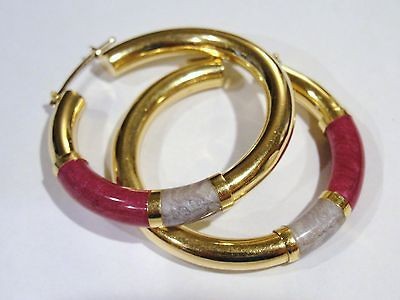 ITALIAN 18 K (750) YELLOW GOLD HOOP EARRING SURFACE ENAMEL FUSHIA/GRAY 