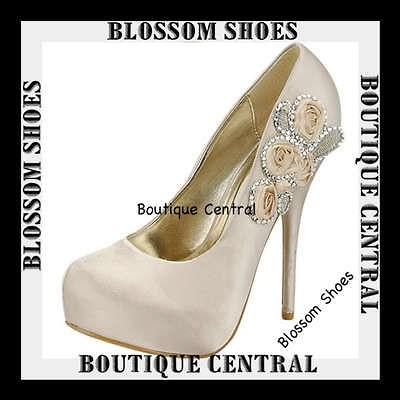 DESIGNER SHOES CHAMPAGNE SATIN FLOWER & DIAMANTE HIGH HEELS AU 6.5 