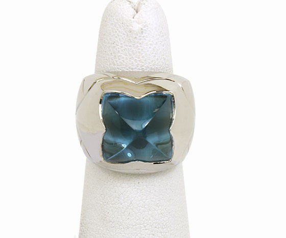 BVLGARI 18K GOLD & BLUE TOPAZ PIRAMIDE COLLECTION LADIES RING