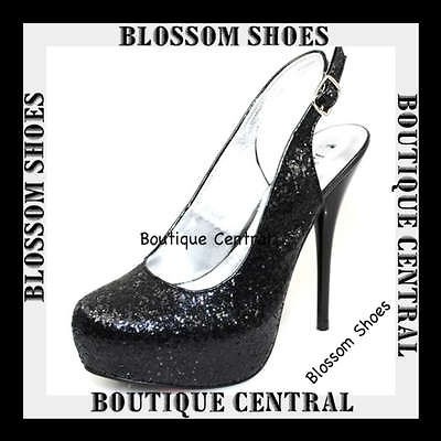 DESIGNER SHOES BLACK GLITTER HIGH HEELS PARTY/EVEN​ING/WEDDING SIZE 