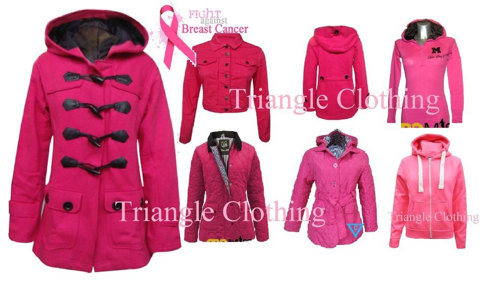 Ladies Womens Pink Breast Cancer Coat Jacket Duffle Toggle Hooded 