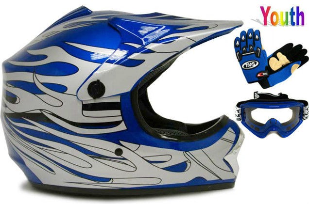 YOUTH BLUE FLAME DIRT BIKE ATV MOTOCROSS OFF ROAD MX HELMET+GOGGLES 