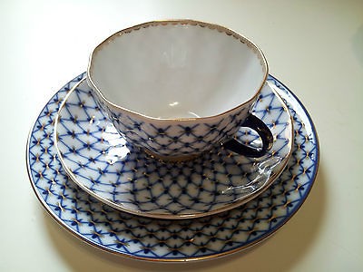 NEW 18 pcs Lomonosov China Cobalt Net 22kt Gold 6 Cups, 6 Saucers, 6 