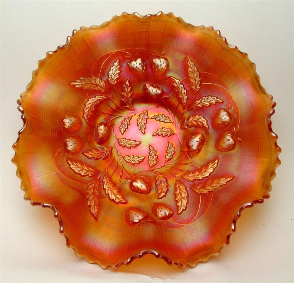 STRAWBERRY by NORTHWOOD ~ PUMPKIN MARIGOLD CARNIVAL GLASS 8 RUFFLE 9 