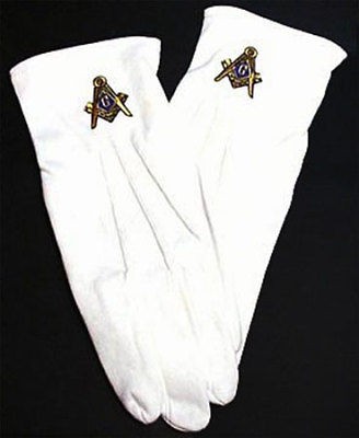 MASONIC GLOVES   WHITE EMBROIDERED COTTON   SIZE LARGE