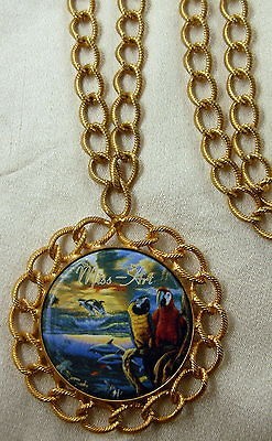 EXOTIC MACAW PARADISE ORCA DOLPHIN Porc Cameo Necklace VTG Goldtone 