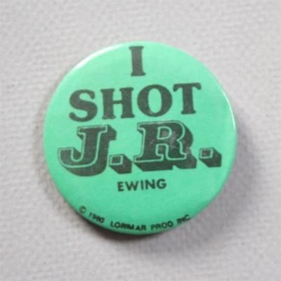   SHOT J.R. EWING Pinback BUTTON Bright Green Larry Hagman TV Dallas