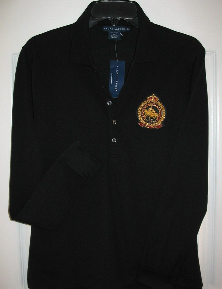 Ralph Lauren Luxury Black Long Sleeve Gold Crest Polo Dress Shirt 