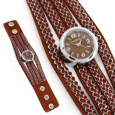 BROWN Crystal Multi Band Leather Geneva Wide Strap Studs Womens WATCH