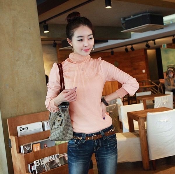 Petites lace turtleneck knit tops Winter blouses shirts knitwear 