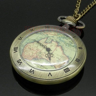 Australia Map Vintage Style Quartz Pocket Watch Necklace Bronze Xmas 