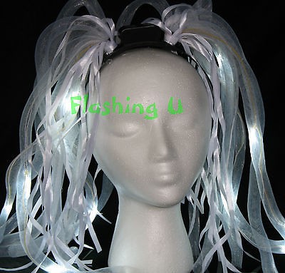 Light up WHITE Noodle HEADBAND Halloween FLASHING Blinking LED Party 