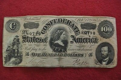 1864 Confederate $100 Dollar Bill Civil War C Note Lucy Pickens T65