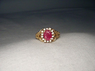 Stunning Estate 14K Yellow Gold Filigree Ruby Champagne Diamond Ring