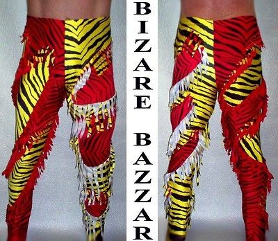 Yellow Zebra & Red Zebra Fringed Insets Wrestling Tights.