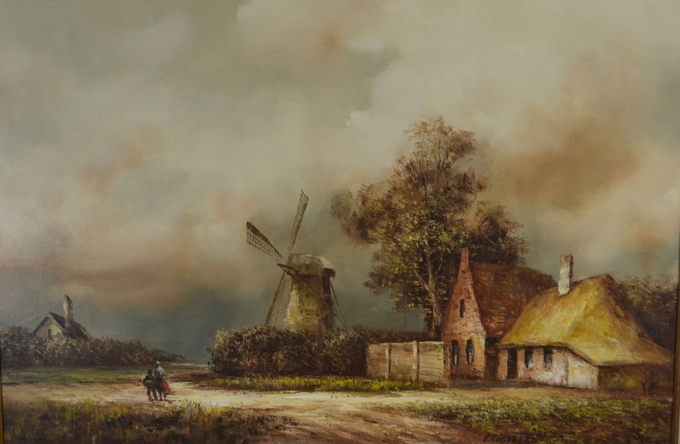   Oil On Canvas Painting by I. Costello Country Windmill Scene 24x36