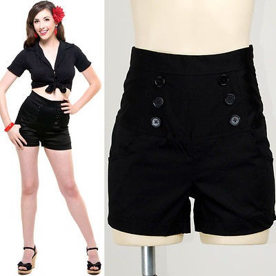 Black Satin Pinup 50s Sailor Nautical Highwaisted Shorts Rockabilly 