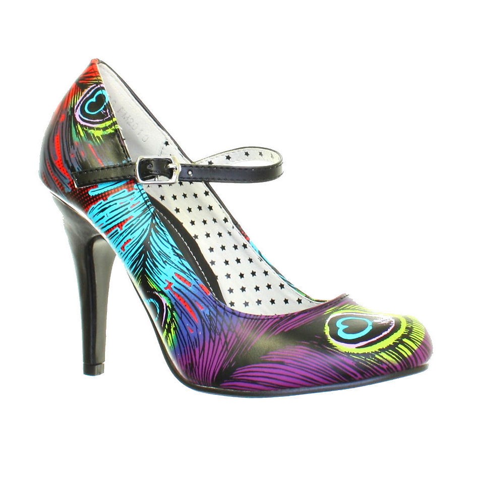 WOMENS TUK NEON PEACOCK MARY JANE HIGH HEEL PUNK GOTH COURT SHOES SIZE 