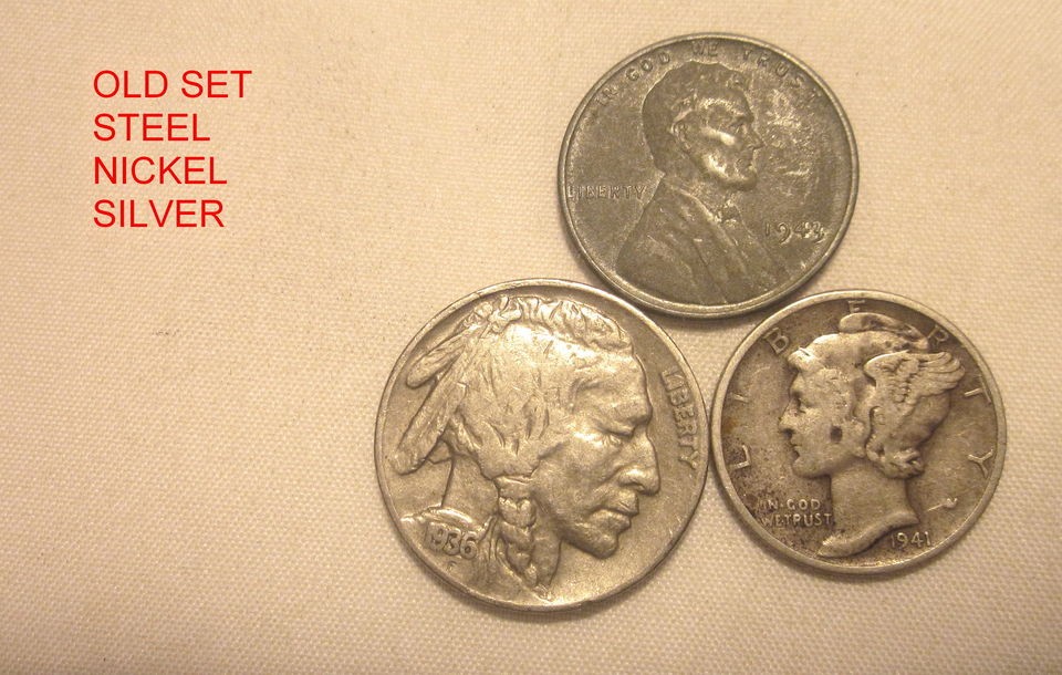 1943 STEEL WHEAT PENNY VF, 1936 BUFFALO NICKEL AU, 1941 MERCURY DIME 