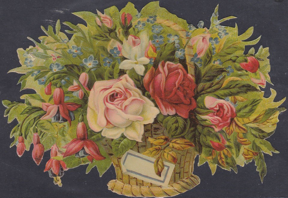 ARRANGEMENT ROSE PINK BASKET CARD BUD DECOUPAGE EMBOSSED GERMAN PAPER 