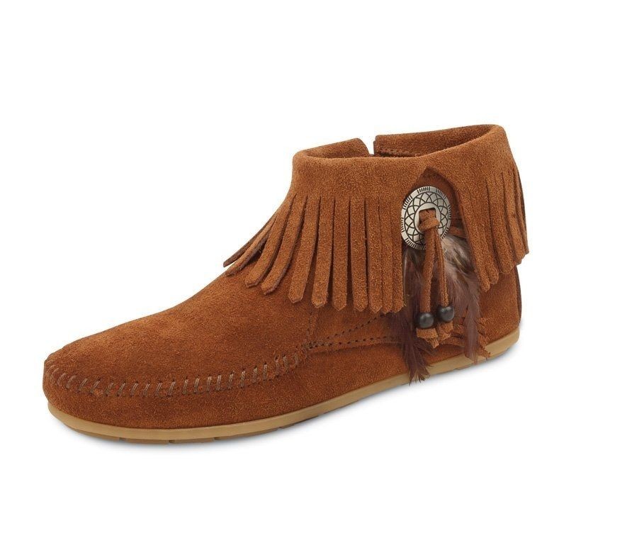 MINNETONKA MOCCASIN BROWN CONCHO FEATHER SIDE FRINGE ANKLE BOOTIE 