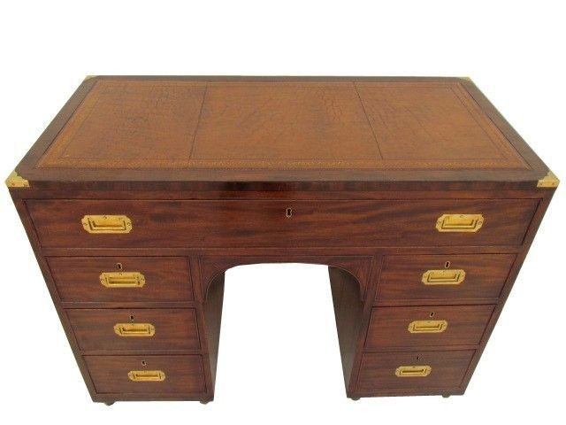 Quality Antique Flamed Mahogany Campaign Military Knee Hole Desk 