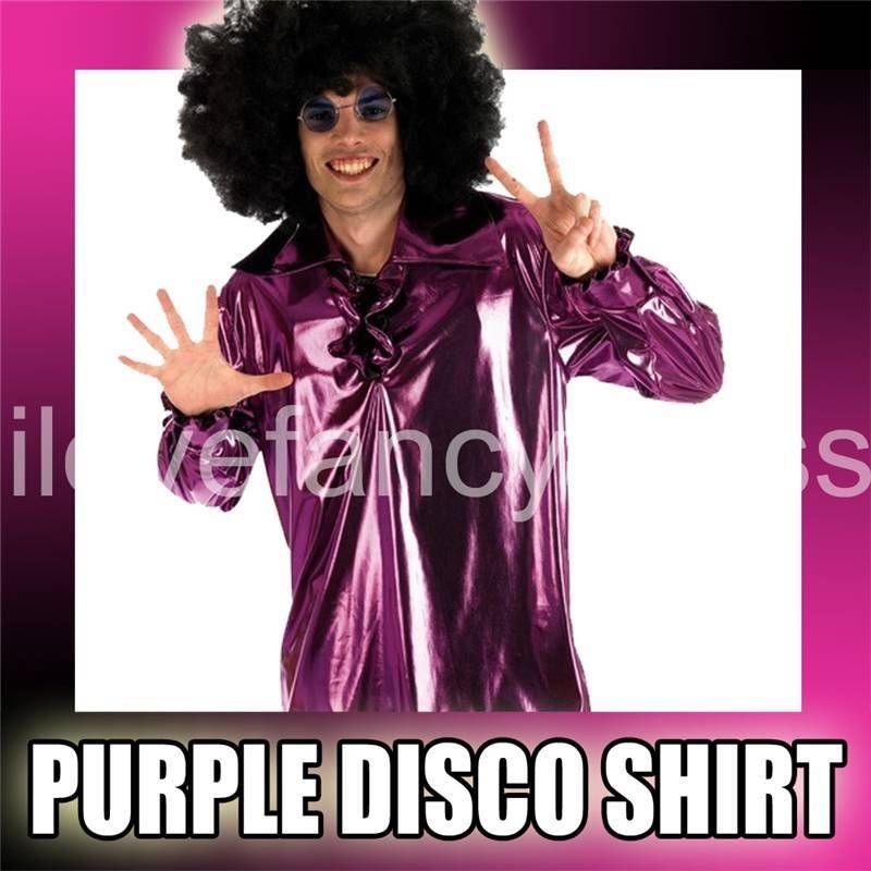 PURPLE DISCO SHIRT MENS 1970S COSTUME METALLIC FRILLY FANCY DRESS 34 