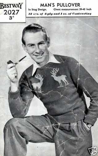 vintage knitting pattern mens jumper reindeer stag xmas from united