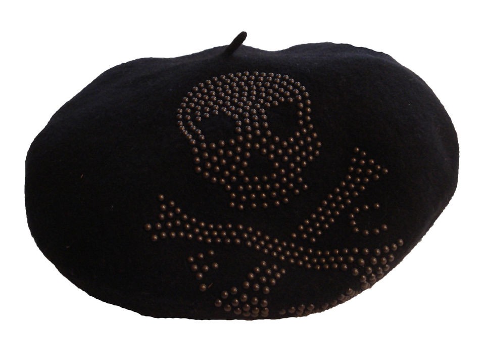 Ralph Lauren Rugby Polo Black Wool Skull Crossbones Studded Beret Stud 