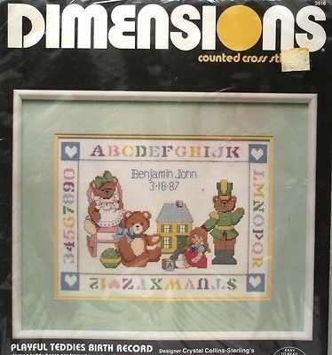 1986 dimensions cross stitch kit teddy bear birth record returns