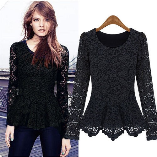 women elegant lace long sleeve peplum jumper blouse top