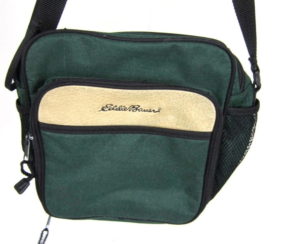 Eddie Bauer Green Messenger Bag Ramie Polyester w Beige Pigskin Trim 