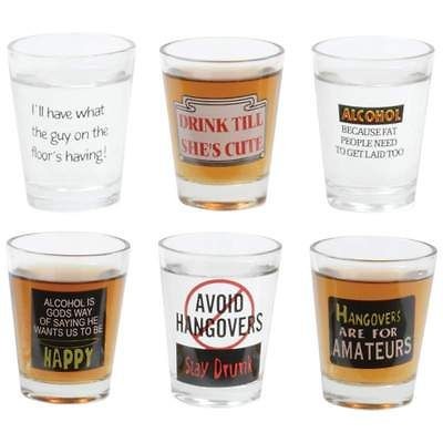 6pc Shot Glass Set humor sayings fun laughs each glass has unquie 