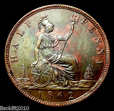 AU SUPERB DETAILS  1862  VICTORIA.~ GB ~ HALF PENNY VERY NICE 