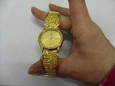 Mans Natural 22kt Solid Gold Nugget Hand Made Alaskan Seiko Quartz 