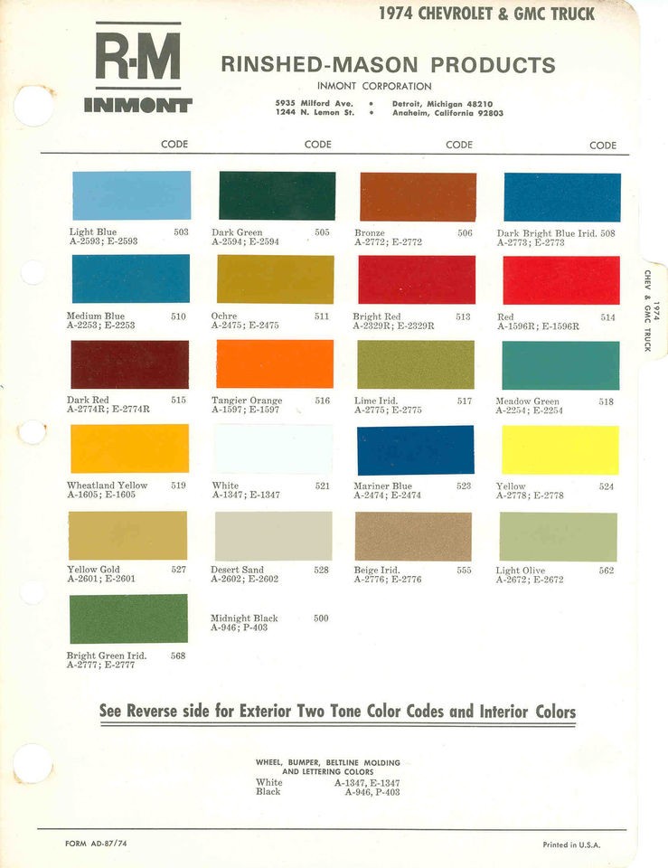 1974 chevrolet gmc truck paint color chart 74 rm inmont