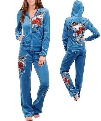   Velour Heart Tattoo Jogging Suit Hoodie Shirt Rodeo Pants S M L XL