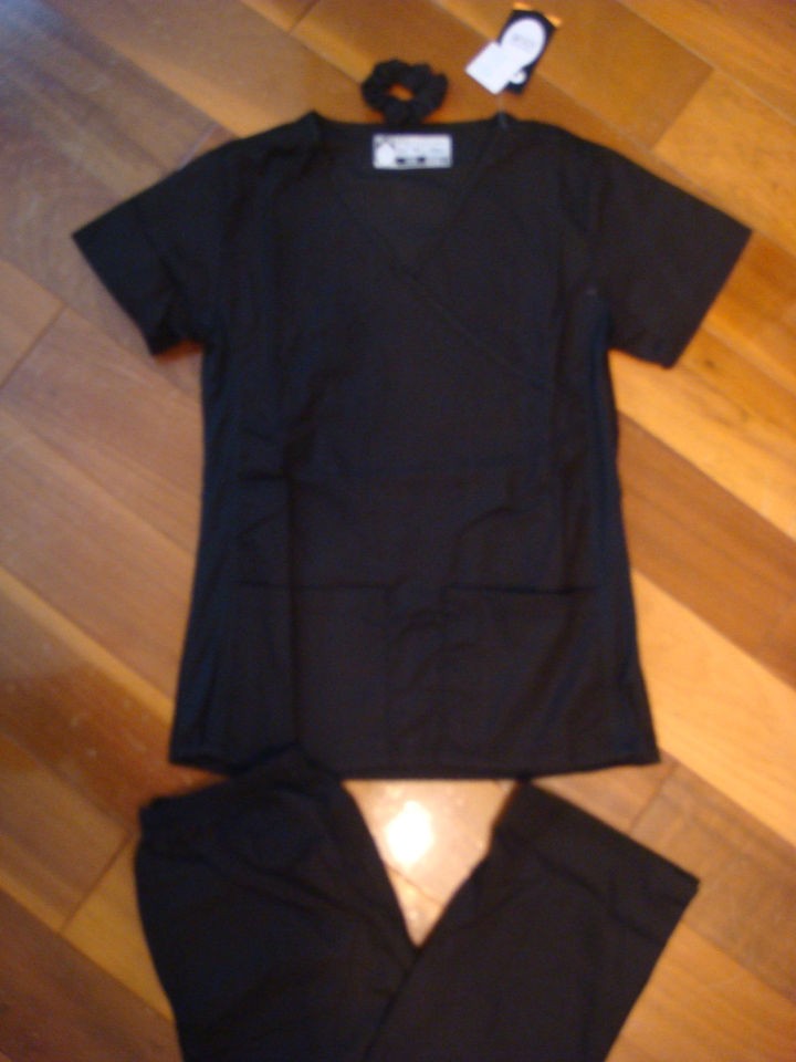 Fior Stretch Stylish Nursing Medical Scrubs Set Black sd Spandex XS S 