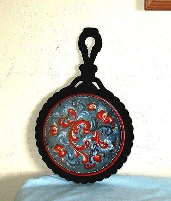 Norwegian 6 Round Tile in Trivet Blue Rosemaling Design Norway