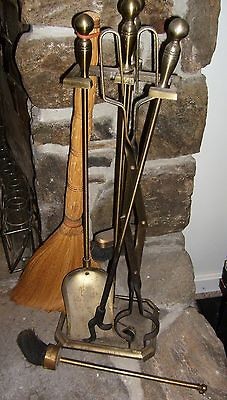 Vtg BRASS FIREPLACE TOOLS SET w broom LOCAL PICK UP ONLY Central MA 