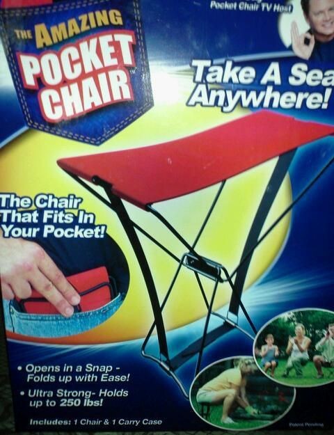 The Amazing Pocket Chair, fits in your pocket holds up to 250 lbs open 