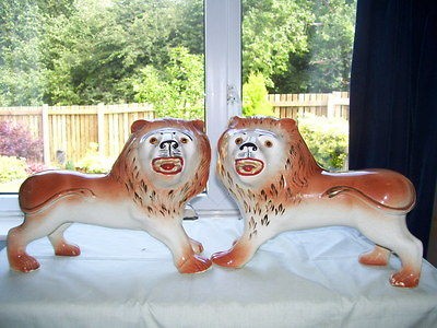 STAFFORDSHIRE LIONS PAIR LARGE STAMPED SADLER BURSLEM ENGLAND