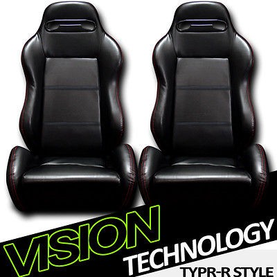 2pc T R Type PVC Leather JDM Black & Red Stitch Racing Bucket Seats 