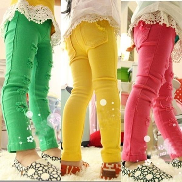 New Kids Holes Slender Candy Colors 100% Cotton Trousers Pencil Pants 