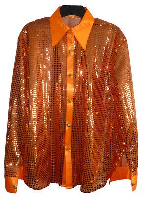 men 70 s band sequin cabaret party fancy shirt orange