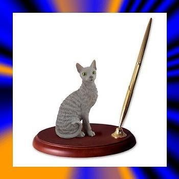 Blue Cornish Rex Cat Pen Set Kitty Statue on Wooden Base w/ Gold Pen 