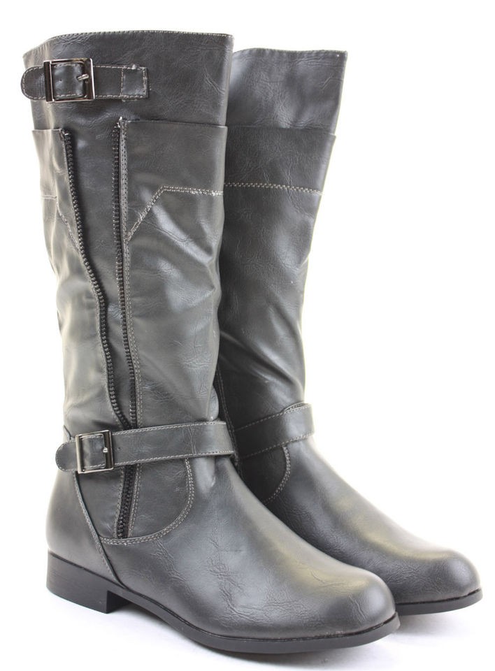   Winter Biker Riding Style Low Flat Heel Wide Calf Leg Knee Boots Size